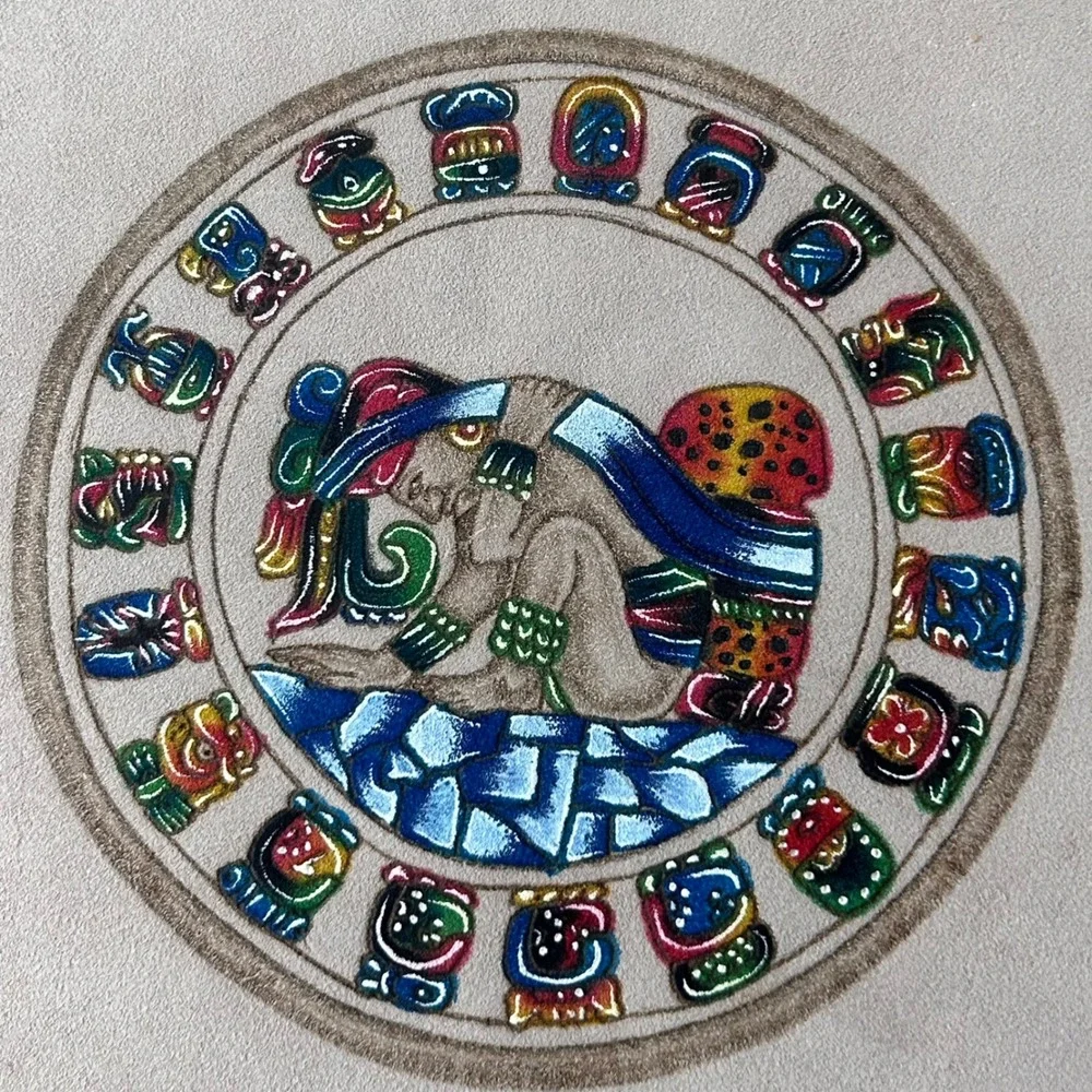 Vintage Mayan Hand Painted Calendar on Suede Signed Mexico Tribal Art Decor